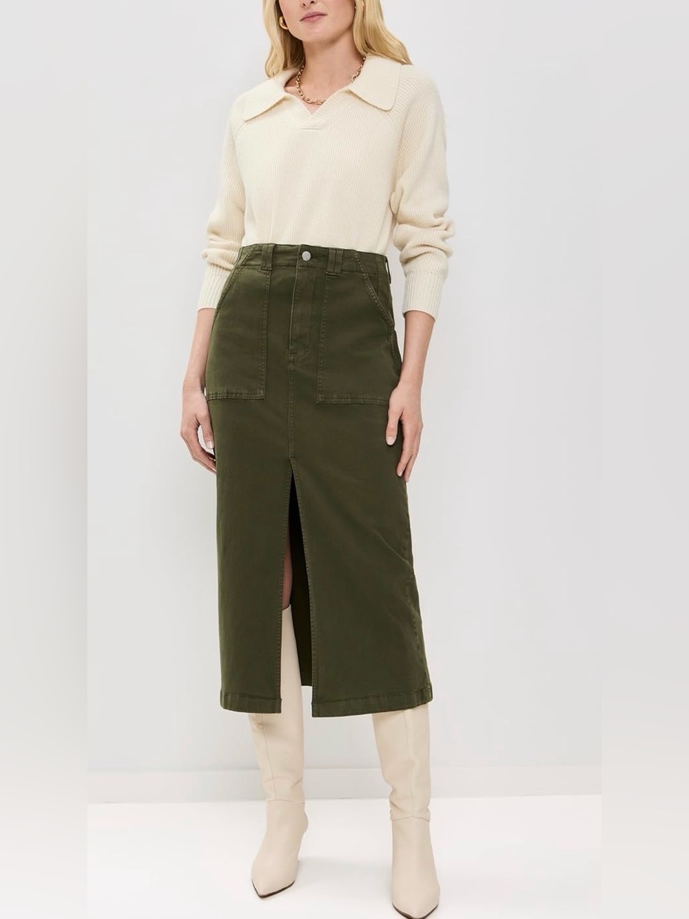 pistola laurelle Olive Green Midi Skirt with Center Front Slit